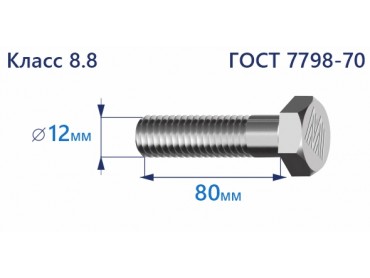 Болт с шестигранной головкой 12х80 к.п.8.8