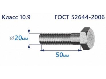 Болт высокопрочный с шестигранной головкой 20х50 к.п.10.9 Zn