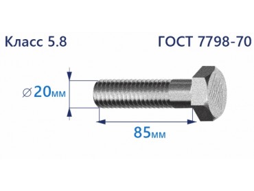 Болт с шестигранной головкой 20х85 к.п.5.8 Zn