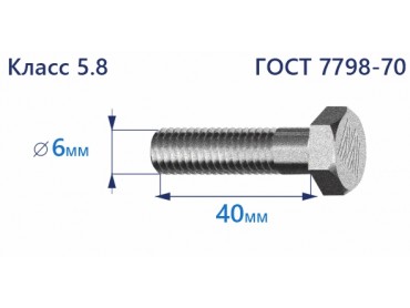 Болт с шестигранной головкой 6х40 к.п.5.8 Zn