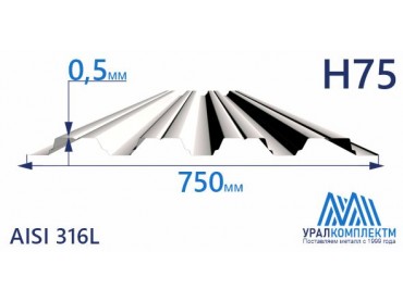 Профнастил нержавеющий Н75 0.5 AISI 316L толщина 0.5 мм продажа со склада в Москве 