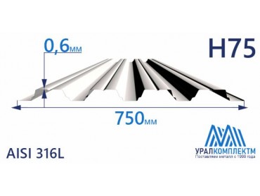 Профнастил нержавеющий Н75 0.6 AISI 316L толщина 0.6 мм продажа со склада в Москве 