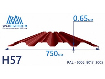 Профнастил Н57 окрашенный 0.65 толщина 0.65 мм продажа со склада в Москве 