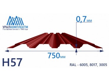 Профнастил Н57 окрашенный 0.7 толщина 0.7 мм продажа со склада в Москве 