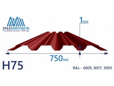 Профнастил Н75 окрашенный 1 толщина 1 мм продажа со склада в Москве 