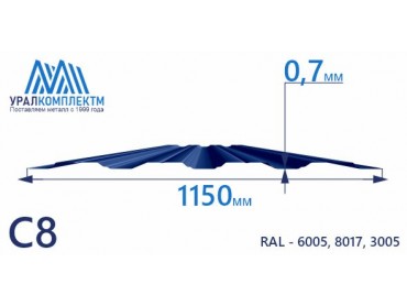 Профнастил С8 с порошковым покрытием 0.7 толщина 0.7 мм продажа со склада в Москве 